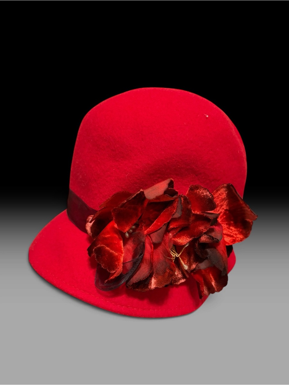 Vintage dramatic red cloche hat with floral accent